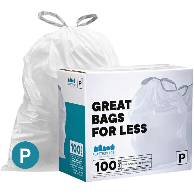Plasticplace Custom Fit Trash Bags, Compatible with simplehuman Code P (100 Count) White Drawstring Garbage Liners 13-16 Gallon, 23.5" x 31.5" - Image 1